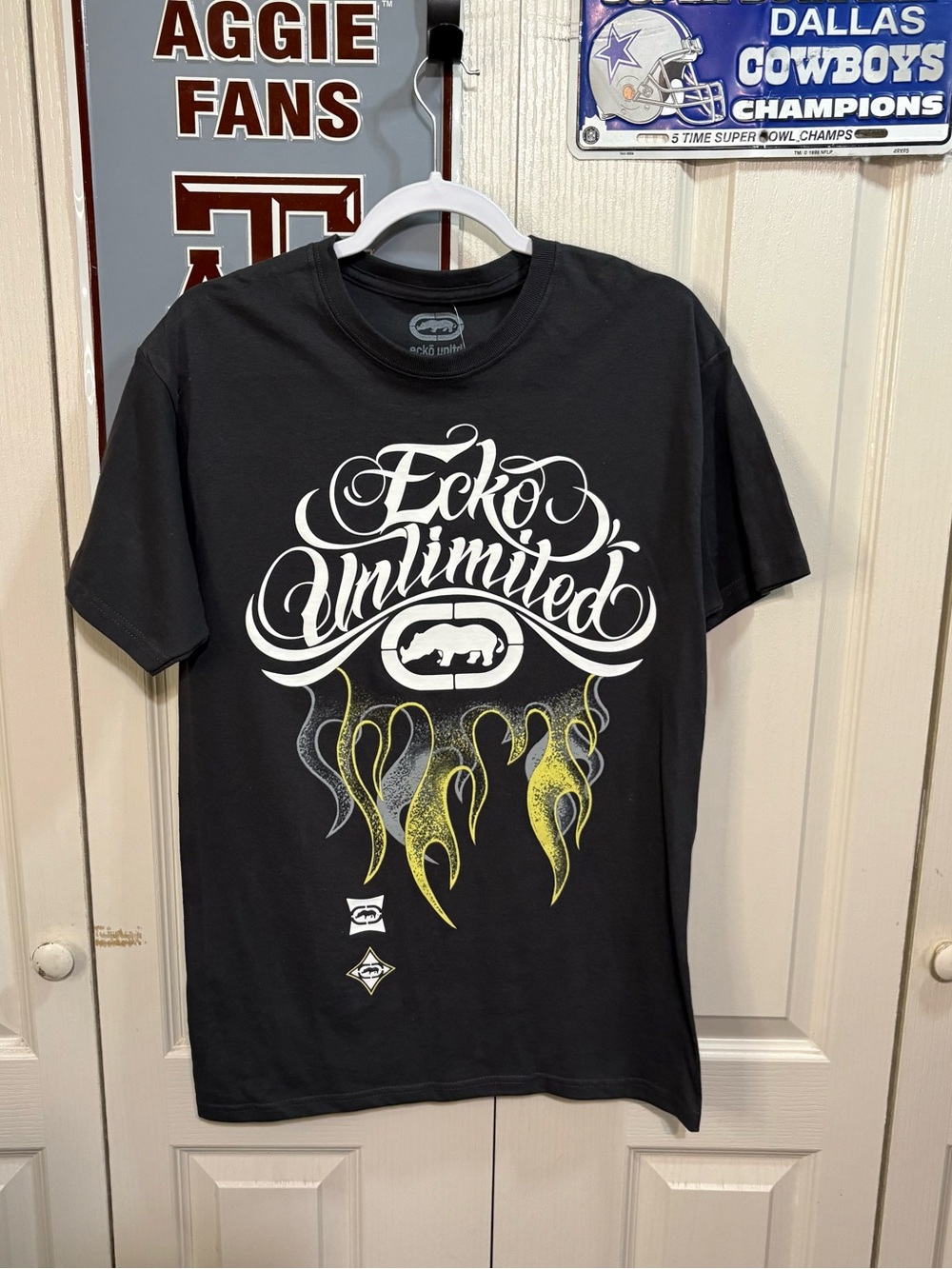 Ecko Unlimited Black Tee with White Logo and Yellow Flame Accents